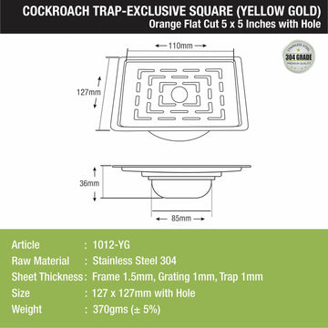 Orange Flat Cut Exclusive Square Floor Drain in Yellow Gold PVD Coating (5 x 5 Inches) with Hole & Cockroach Trap - LIPKA - Lipka Home