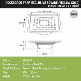 Orange Exclusive Square Flat Cut Floor Drain in Yellow Gold PVD Coating (6 x 6 Inches) with Cockroach Trap - LIPKA - Lipka Home