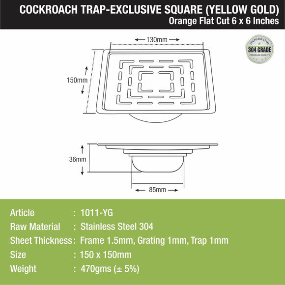 Orange Exclusive Square Flat Cut Floor Drain in Yellow Gold PVD Coating (6 x 6 Inches) with Cockroach Trap - LIPKA - Lipka Home