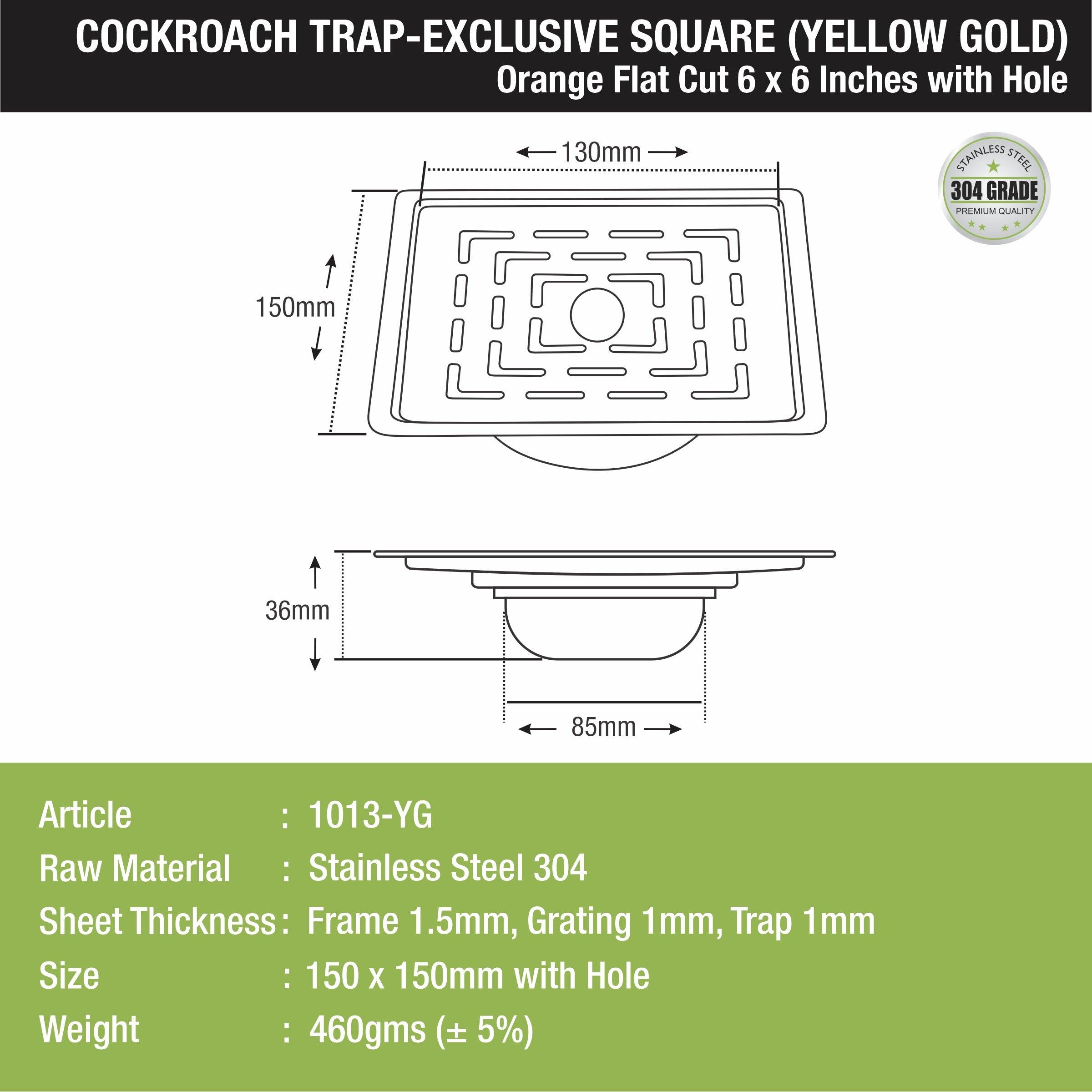 Orange Exclusive Square Flat Cut Floor Drain in Yellow Gold PVD Coating (6 x 6 Inches) with Hole & Cockroach Trap - LIPKA - Lipka Home