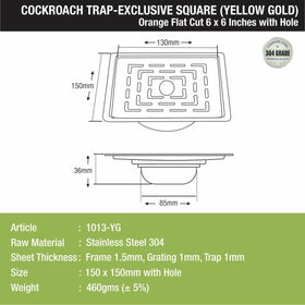 Orange Exclusive Square Flat Cut Floor Drain in Yellow Gold PVD Coating (6 x 6 Inches) with Hole & Cockroach Trap - LIPKA - Lipka Home