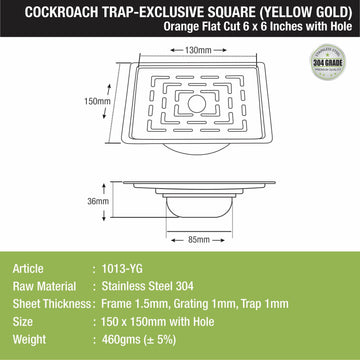 Orange Exclusive Square Flat Cut Floor Drain in Yellow Gold PVD Coating (6 x 6 Inches) with Hole & Cockroach Trap - LIPKA - Lipka Home
