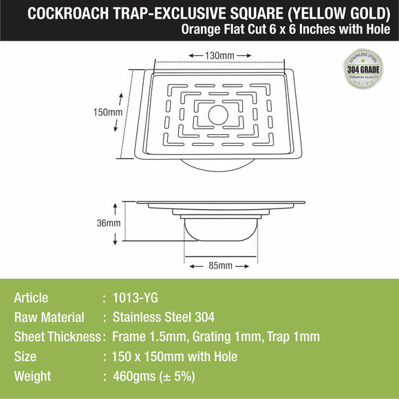 Orange Exclusive Square Flat Cut Floor Drain in Yellow Gold PVD Coating (6 x 6 Inches) with Hole & Cockroach Trap - LIPKA - Lipka Home