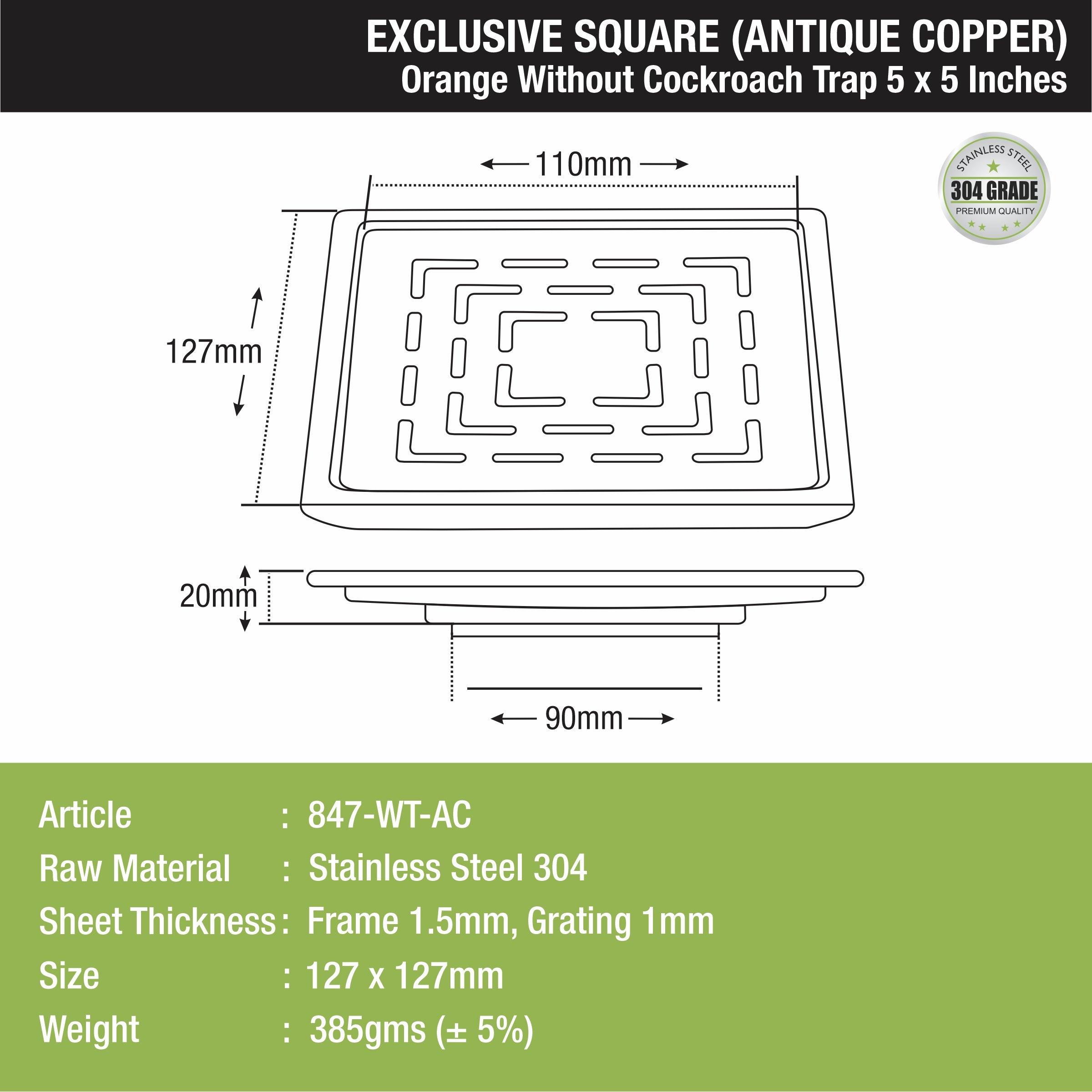 Orange Exclusive Square Floor Drain in Antique Copper PVD Coating (5 x 5 Inches) sizes and dimensions