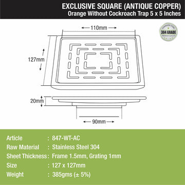 Orange Exclusive Square Floor Drain in Antique Copper PVD Coating (5 x 5 Inches) - LIPKA - Lipka Home
