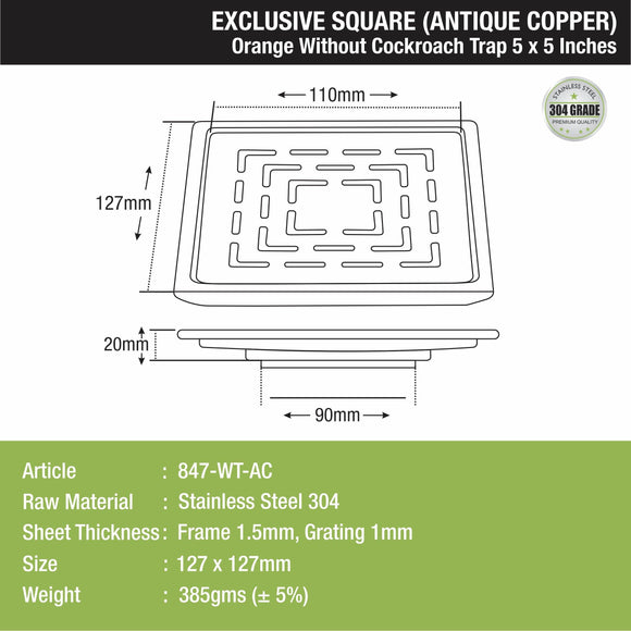 Orange Exclusive Square Floor Drain in Antique Copper PVD Coating (5 x 5 Inches) - LIPKA - Lipka Home