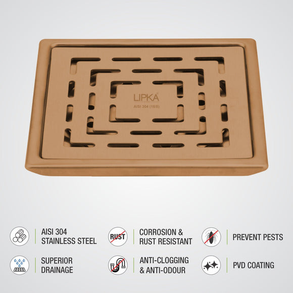 Orange Exclusive Square Floor Drain in Antique Copper PVD Coating (5 x 5 Inches) - LIPKA - Lipka Home