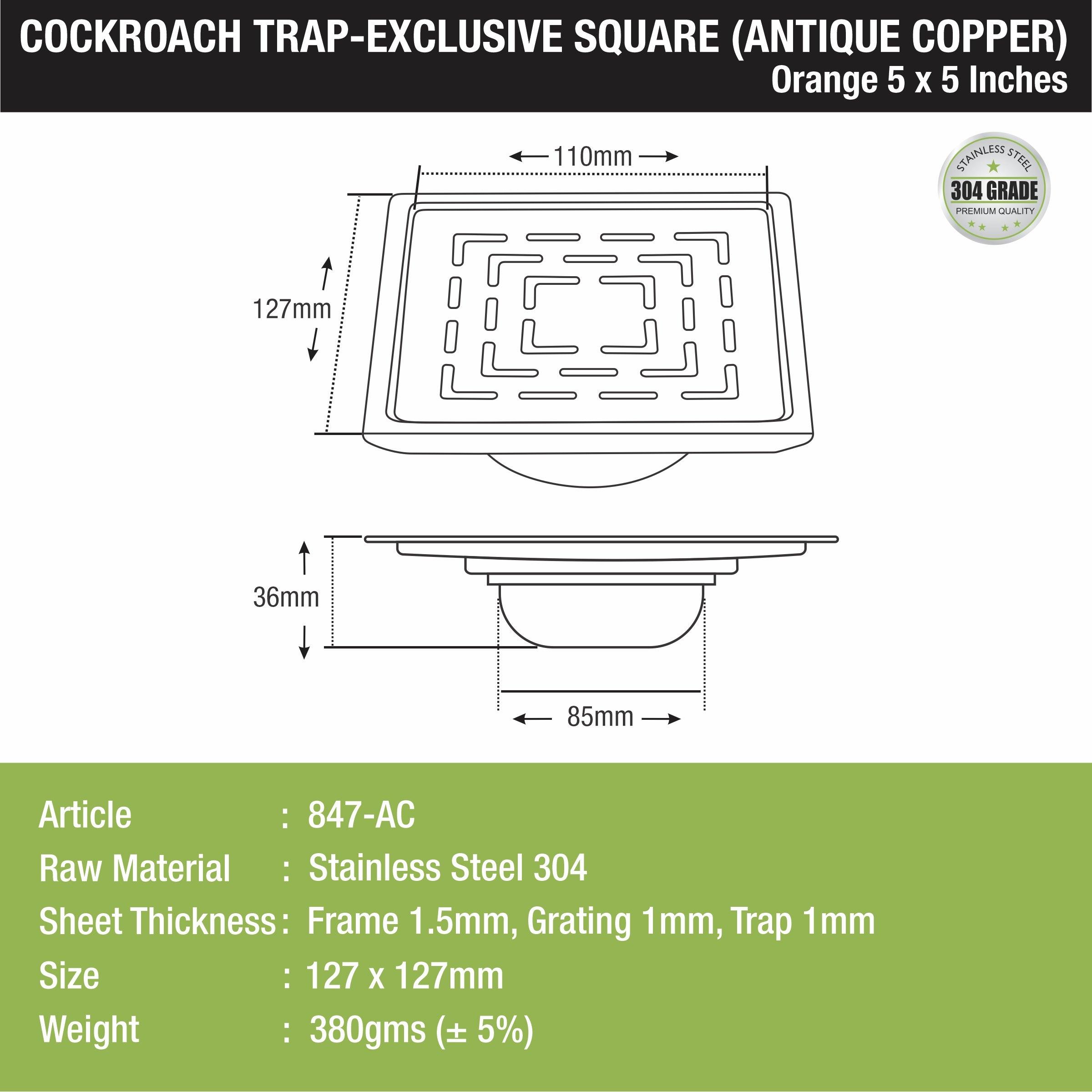 Orange Exclusive Square Floor Drain in Antique Copper PVD Coating (5 x 5 Inches) with Cockroach Trap sizes and dimensions