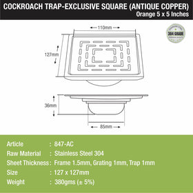 Orange Exclusive Square Floor Drain in Antique Copper PVD Coating (5 x 5 Inches) with Cockroach Trap - LIPKA - Lipka Home