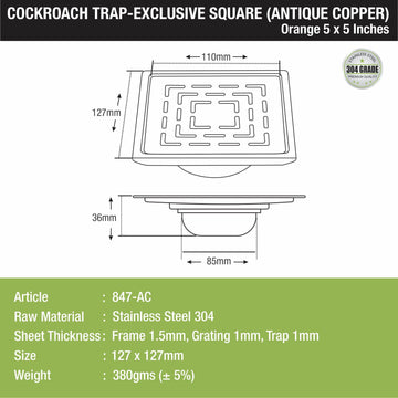 Orange Exclusive Square Floor Drain in Antique Copper PVD Coating (5 x 5 Inches) with Cockroach Trap - LIPKA - Lipka Home