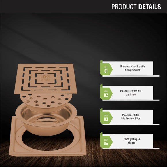 Orange Exclusive Square Floor Drain in Antique Copper PVD Coating (5 x 5 Inches) with Cockroach Trap - LIPKA - Lipka Home