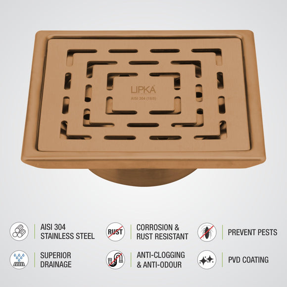 Orange Exclusive Square Floor Drain in Antique Copper PVD Coating (5 x 5 Inches) with Cockroach Trap - LIPKA - Lipka Home
