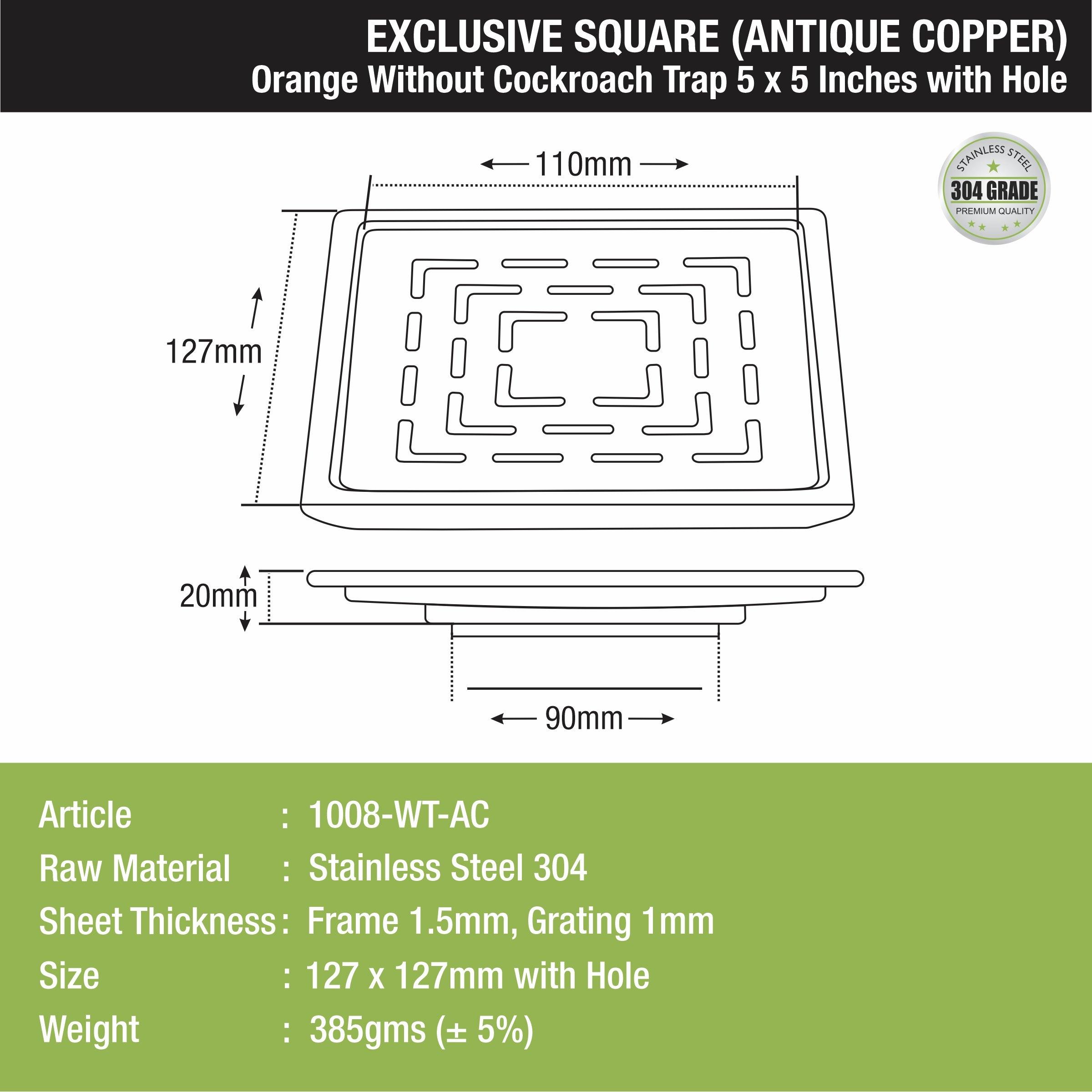 Orange Exclusive Square Floor Drain in Antique Copper PVD Coating (5 x 5 Inches) with Hole sizes and dimensions