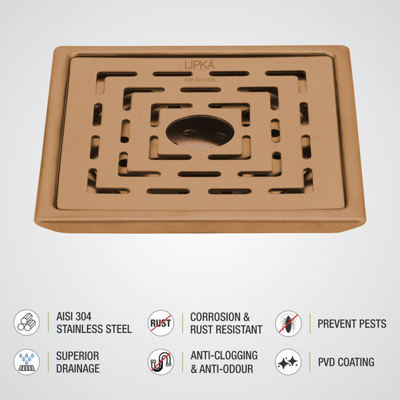 Orange Exclusive Square Floor Drain in Antique Copper PVD Coating (5 x 5 Inches) with Hole - LIPKA - Lipka Home