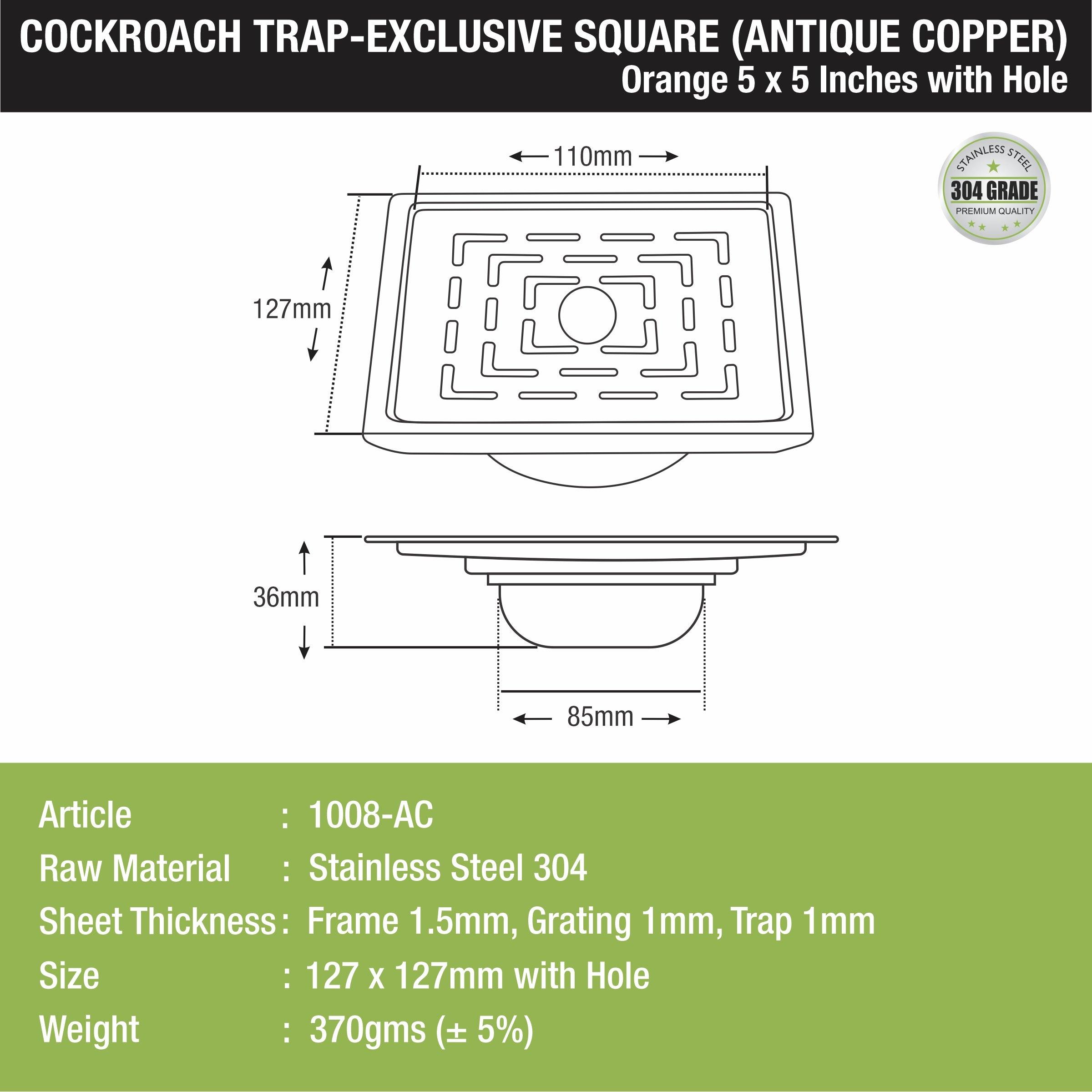 Orange Exclusive Square Floor Drain in Antique Copper PVD Coating (5 x 5 Inches) with Hole & Cockroach Trap sizes and dimensions