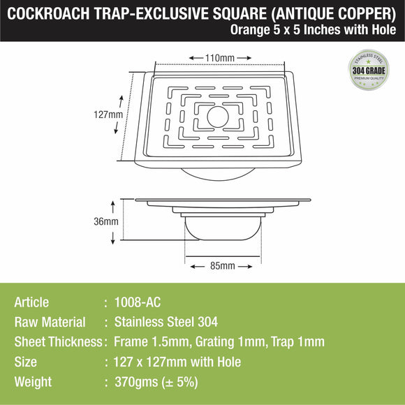 Orange Exclusive Square Floor Drain in Antique Copper PVD Coating (5 x 5 Inches) with Hole & Cockroach Trap - LIPKA - Lipka Home