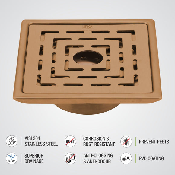Orange Exclusive Square Floor Drain in Antique Copper PVD Coating (5 x 5 Inches) with Hole & Cockroach Trap - LIPKA - Lipka Home