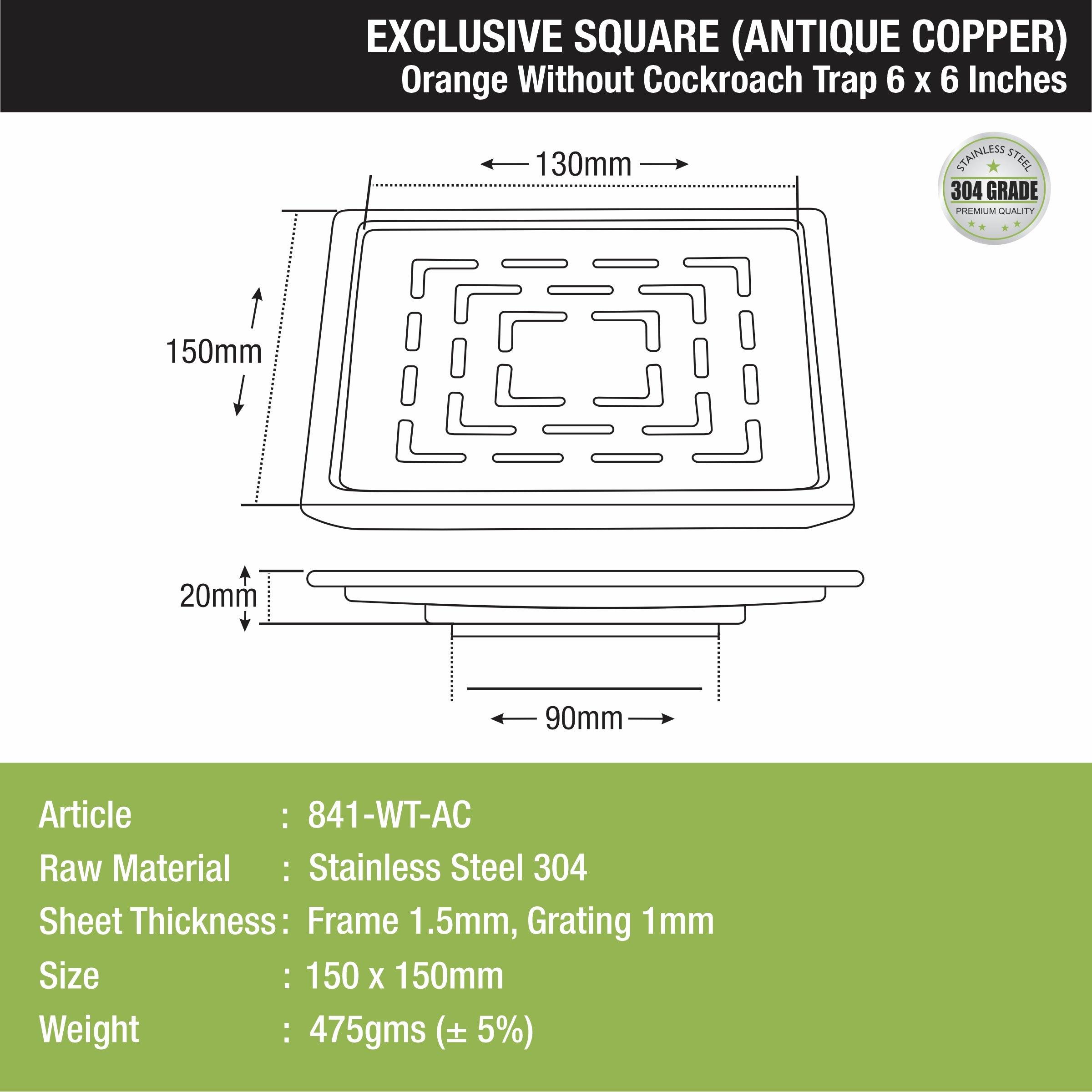 Orange Exclusive Square Floor Drain in Antique Copper PVD Coating (6 x 6 Inches) sizes and dimensions