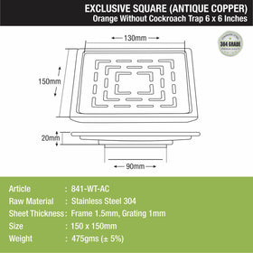 Orange Exclusive Square Floor Drain in Antique Copper PVD Coating (6 x 6 Inches) - LIPKA - Lipka Home