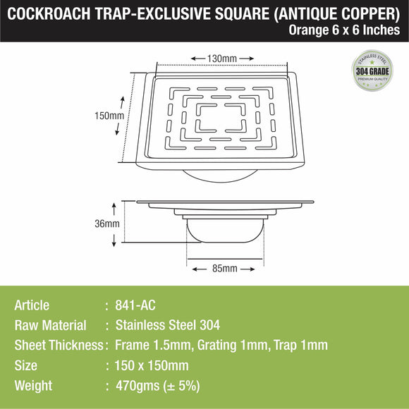 Orange Exclusive Square Floor Drain in Antique Copper PVD Coating (6 x 6 Inches) with Cockroach Trap - LIPKA - Lipka Home