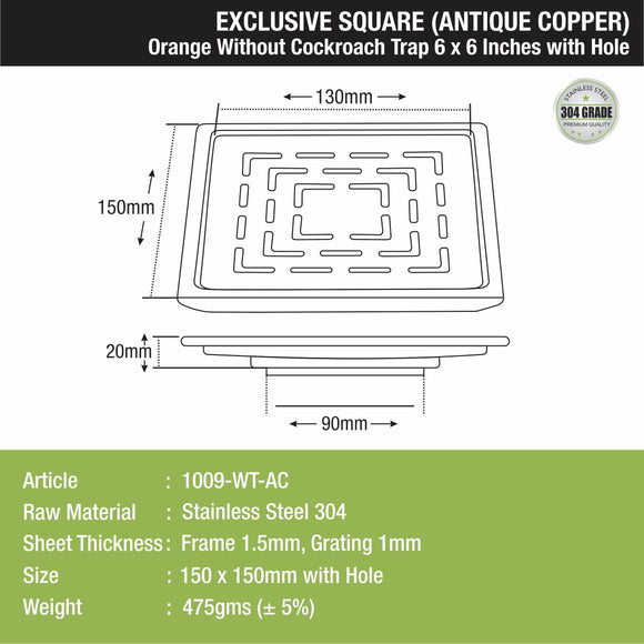 Orange Exclusive Square Floor Drain in Antique Copper PVD Coating (6 x 6 Inches) with Hole - LIPKA - Lipka Home