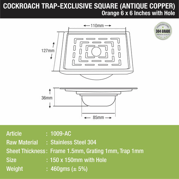 Orange Exclusive Square Floor Drain in Antique Copper PVD Coating (6 x 6 Inches) with Hole & Cockroach Trap - LIPKA - Lipka Home