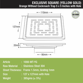 Orange Exclusive Square Floor Drain in Yellow Gold PVD Coating (5 x 5 Inches) with Hole - LIPKA - Lipka Home