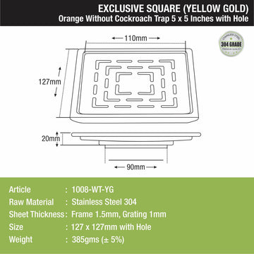 Orange Exclusive Square Floor Drain in Yellow Gold PVD Coating (5 x 5 Inches) with Hole - LIPKA - Lipka Home