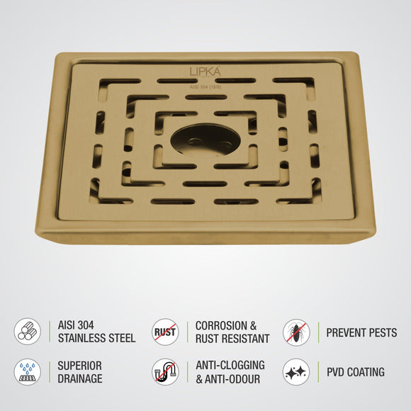 Orange Exclusive Square Floor Drain in Yellow Gold PVD Coating (5 x 5 Inches) with Hole - LIPKA - Lipka Home