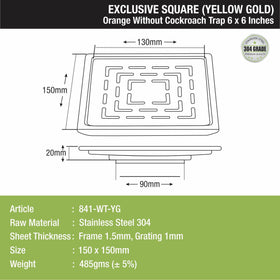 Orange Exclusive Square Floor Drain in Yellow Gold PVD Coating (6 x 6 Inches) - LIPKA - Lipka Home