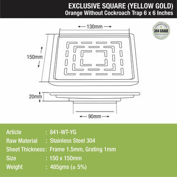 Orange Exclusive Square Floor Drain in Yellow Gold PVD Coating (6 x 6 Inches) - LIPKA - Lipka Home