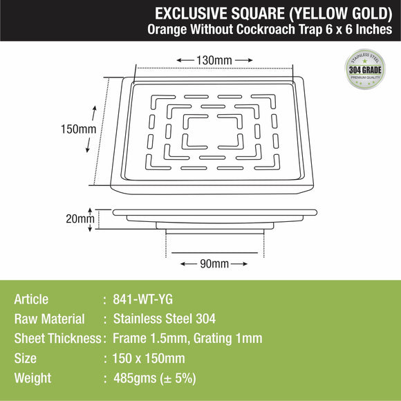 Orange Exclusive Square Floor Drain in Yellow Gold PVD Coating (6 x 6 Inches) - LIPKA - Lipka Home