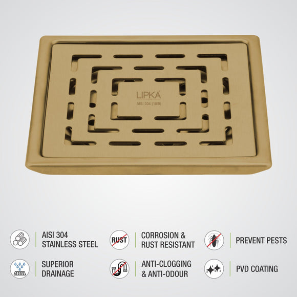 Orange Exclusive Square Floor Drain in Yellow Gold PVD Coating (5 x 5 Inches) - LIPKA - Lipka Home