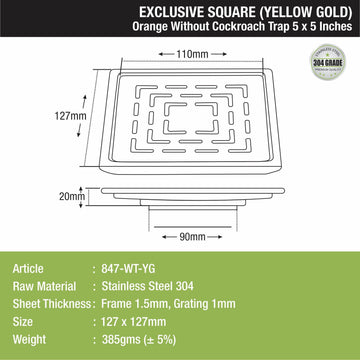 Orange Exclusive Square Floor Drain in Yellow Gold PVD Coating (5 x 5 Inches) - LIPKA - Lipka Home