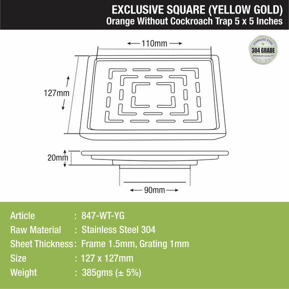 Orange Exclusive Square Floor Drain in Yellow Gold PVD Coating (5 x 5 Inches) - LIPKA - Lipka Home