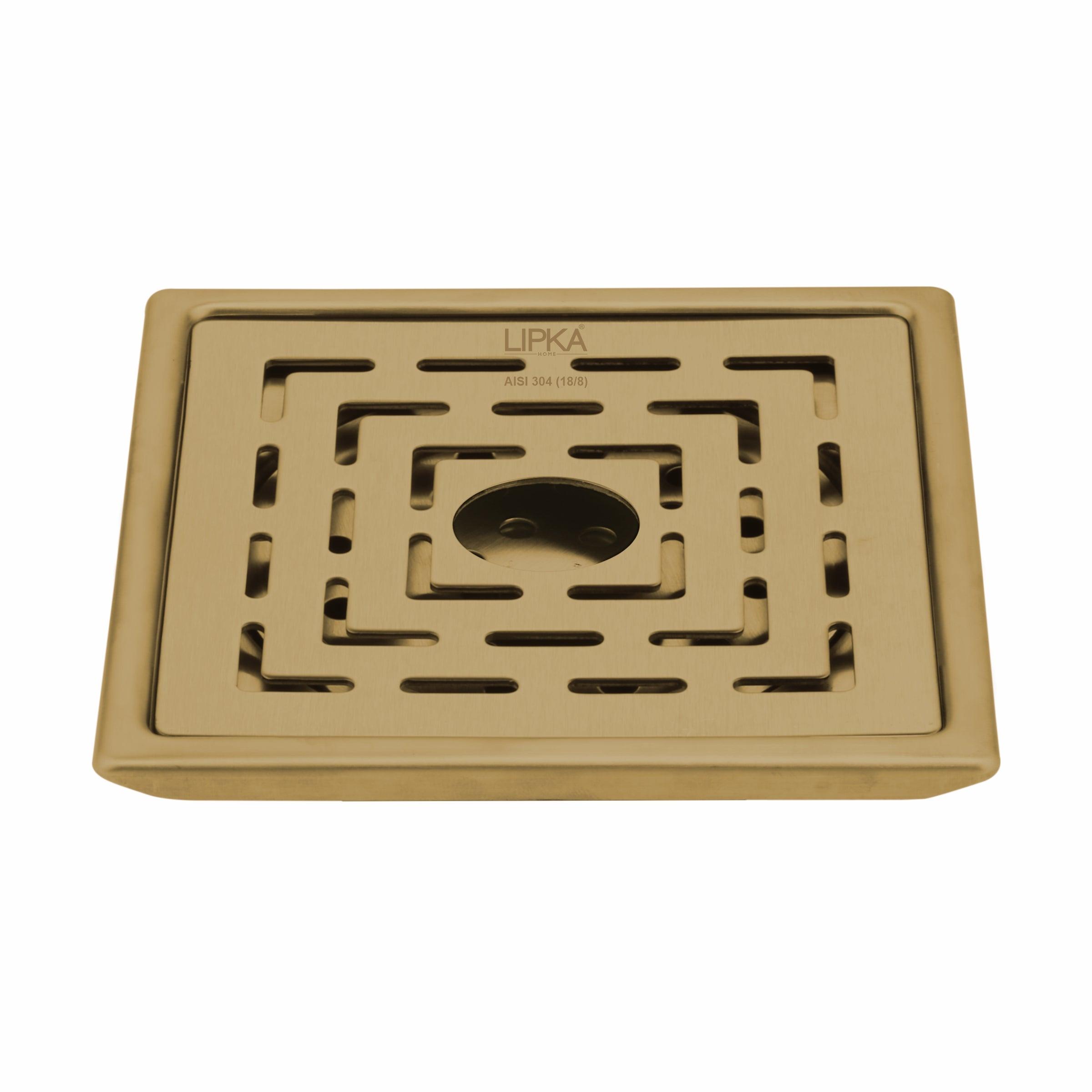 Orange Exclusive Square Floor Drain in Yellow Gold PVD Coating (6 x 6 Inches) with Hole - LIPKA - Lipka Home