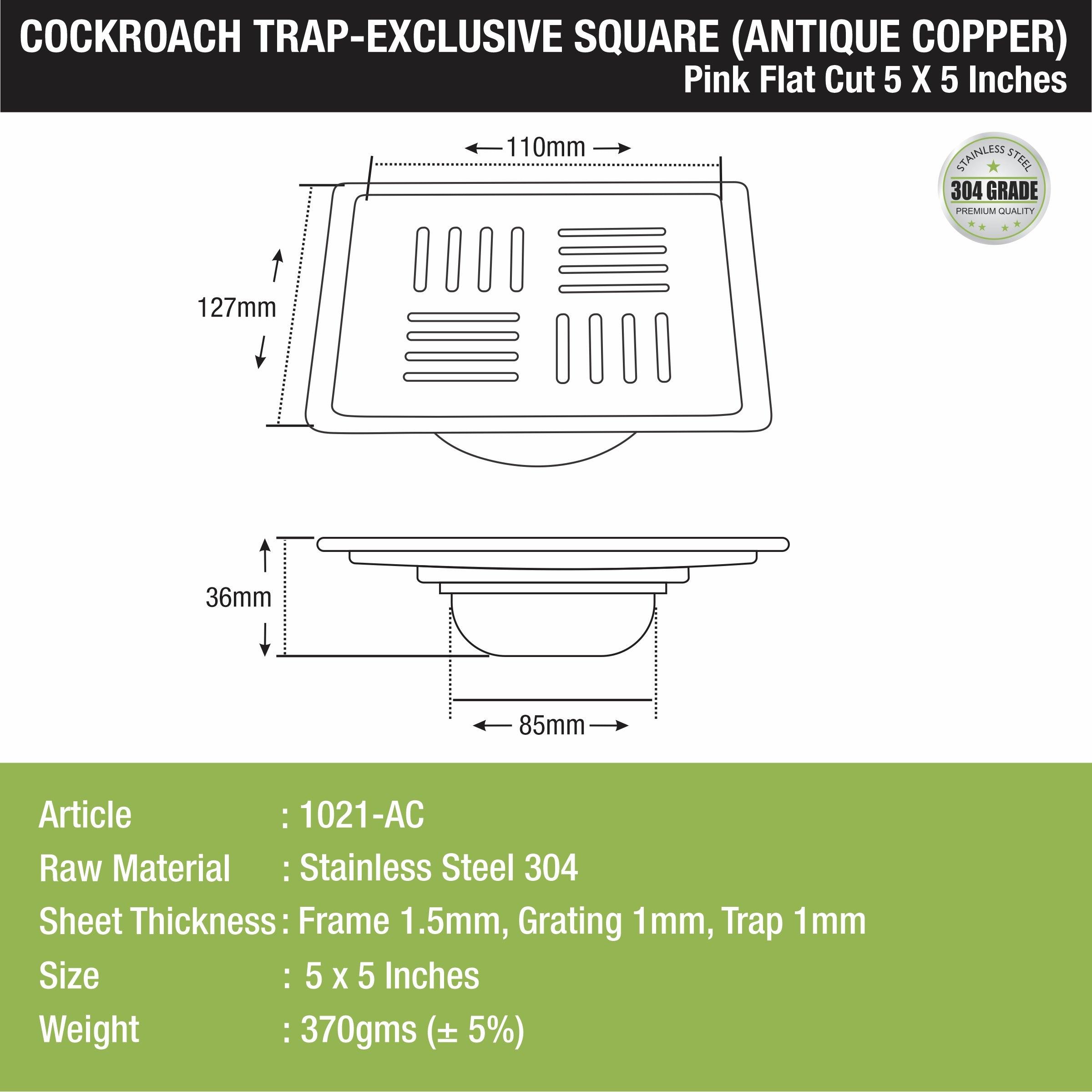 Pink Exclusive Square Flat Cut Floor Drain in Antique Copper PVD Coating (5 x 5 Inches) with Cockroach Trap sizes and dimensions