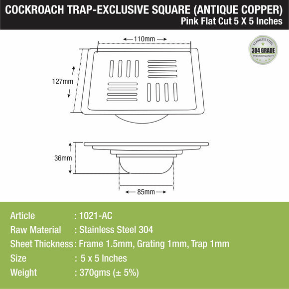 Pink Exclusive Square Flat Cut Floor Drain in Antique Copper PVD Coating (5 x 5 Inches) with Cockroach Trap - LIPKA - Lipka Home