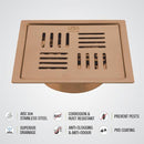 Pink Exclusive Square Flat Cut Floor Drain in Antique Copper PVD Coating (5 x 5 Inches) with Cockroach Trap - LIPKA - Lipka Home