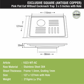 Pink Exclusive Square Flat Cut Floor Drain in Antique Copper PVD Coating (5 x 5 Inches) with Hole - LIPKA - Lipka Home