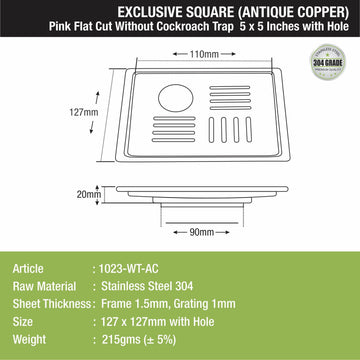 Pink Exclusive Square Flat Cut Floor Drain in Antique Copper PVD Coating (5 x 5 Inches) with Hole - LIPKA - Lipka Home