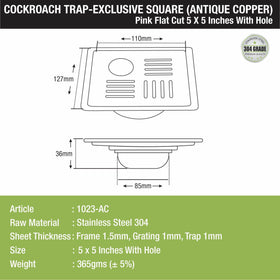 Pink Exclusive Square Flat Cut Floor Drain in Antique Copper PVD Coating (5 x 5 Inches) with Hole & Cockroach Trap - LIPKA - Lipka Home