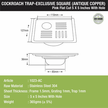 Pink Exclusive Square Flat Cut Floor Drain in Antique Copper PVD Coating (5 x 5 Inches) with Hole & Cockroach Trap - LIPKA - Lipka Home