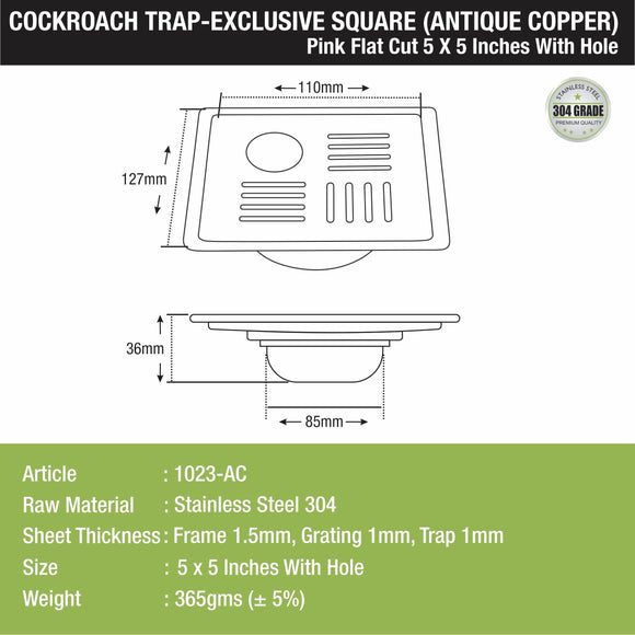 Pink Exclusive Square Flat Cut Floor Drain in Antique Copper PVD Coating (5 x 5 Inches) with Hole & Cockroach Trap - LIPKA - Lipka Home