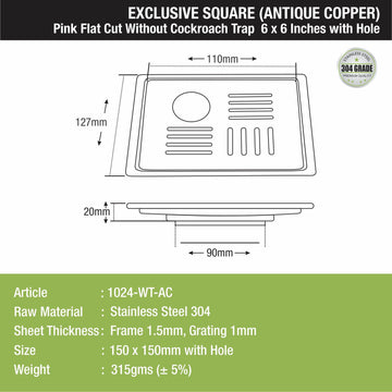 Pink Exclusive Square Flat Cut Floor Drain in Antique Copper PVD Coating (6 x 6 Inches) with Hole - LIPKA - Lipka Home