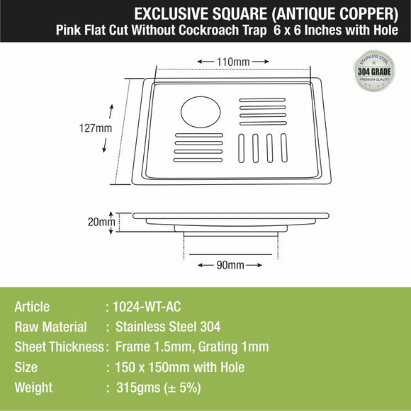 Pink Exclusive Square Flat Cut Floor Drain in Antique Copper PVD Coating (6 x 6 Inches) with Hole - LIPKA - Lipka Home
