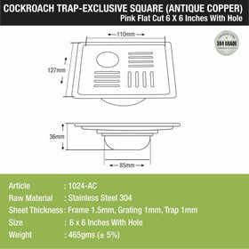 Pink Exclusive Square Flat Cut Floor Drain in Antique Copper PVD Coating (6 x 6 Inches) with Hole & Cockroach Trap - LIPKA - Lipka Home