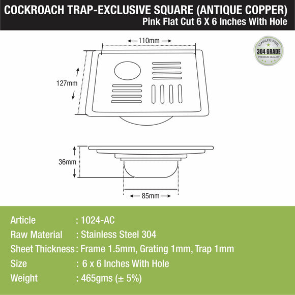 Pink Exclusive Square Flat Cut Floor Drain in Antique Copper PVD Coating (6 x 6 Inches) with Hole & Cockroach Trap - LIPKA - Lipka Home