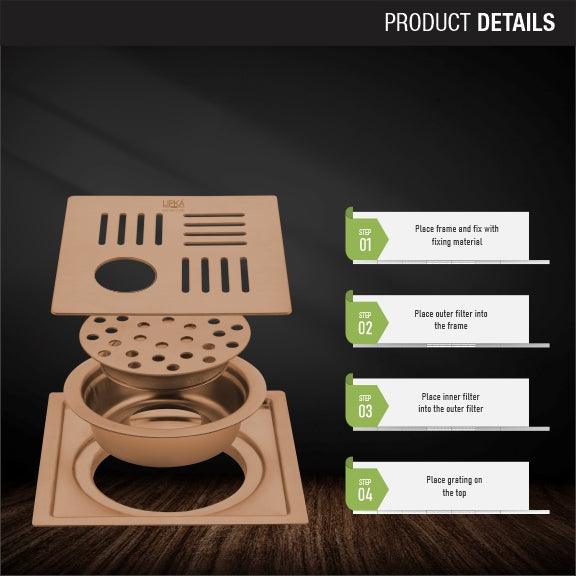 Pink Exclusive Square Flat Cut Floor Drain in Antique Copper PVD Coating (6 x 6 Inches) with Hole & Cockroach Trap - LIPKA - Lipka Home