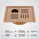 Pink Exclusive Square Flat Cut Floor Drain in Antique Copper PVD Coating (6 x 6 Inches) with Hole & Cockroach Trap - LIPKA - Lipka Home